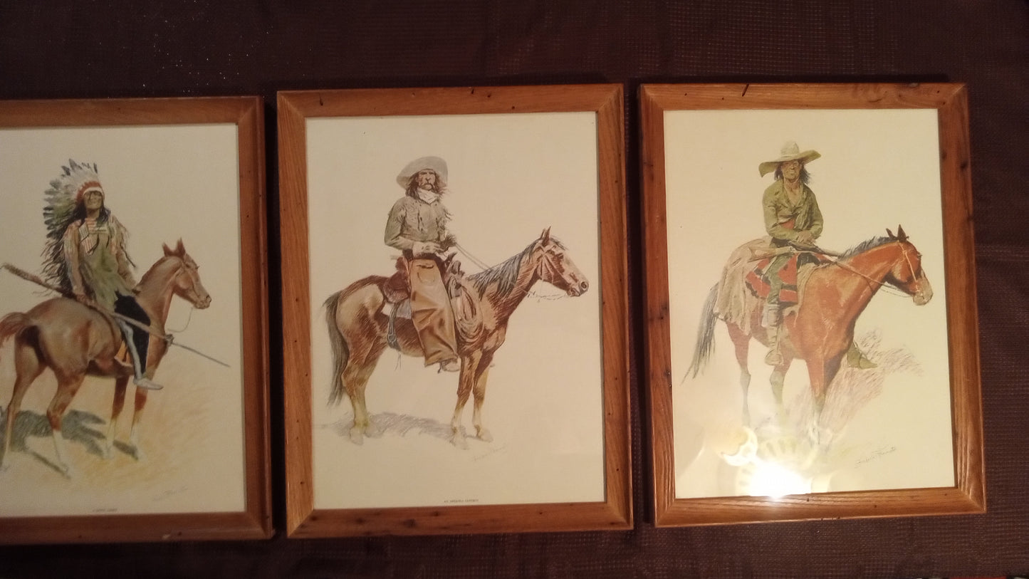 Complete Set of 3 FREDERIC REMINGTON Prints: A Sioux Chief, Arizona Cowboy, Old Ramon | Framed, Glass, Perfect Condition