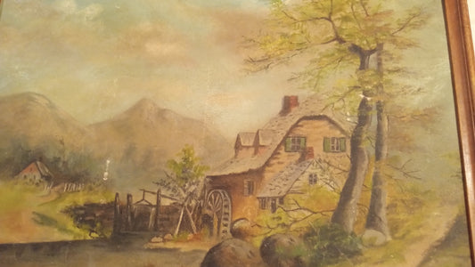 1930s European Watermill Landscape Painting 12x19 | Depression Era