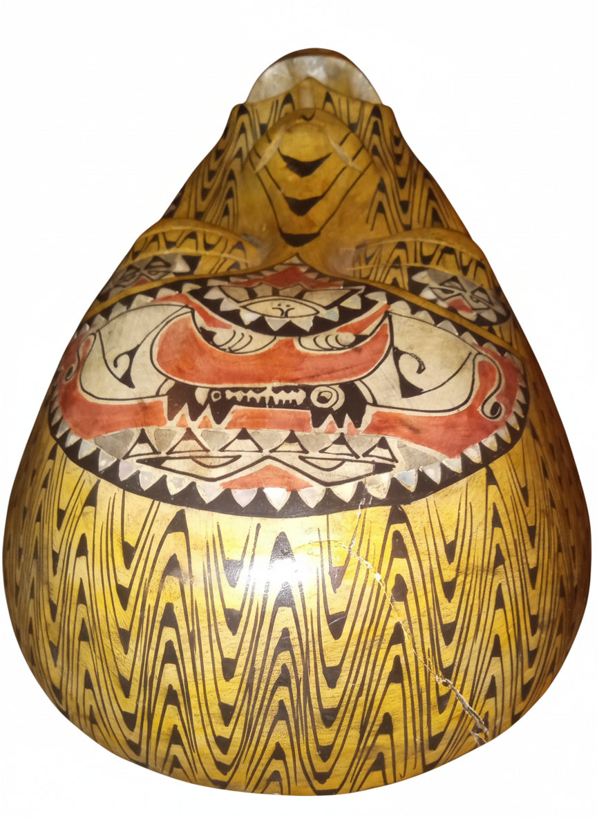 Hand Carved Tribal Mask | Abalone Shell Inlay | Polynesian Folk Art Decor (13" x 8")