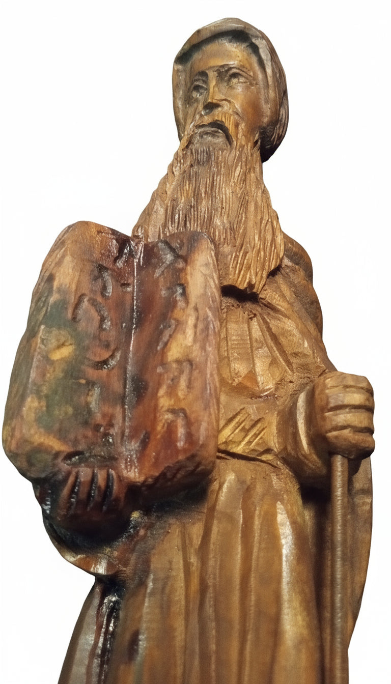 Sacred Journey: Vintage Hand-Carved Olive Wood Moses Statue (Approx. 10") - Holy Land Religious Art