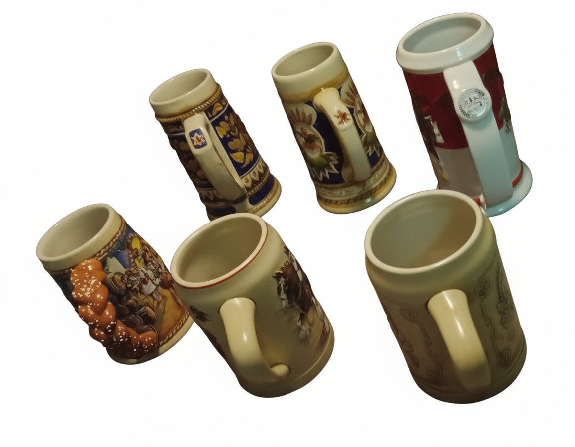 Lot of 6 Mint Budweiser Beer Steins (No Box) – 1992 Oktoberfest, 2004 Holiday Clydesdales, Vintage Ceramarte Collection