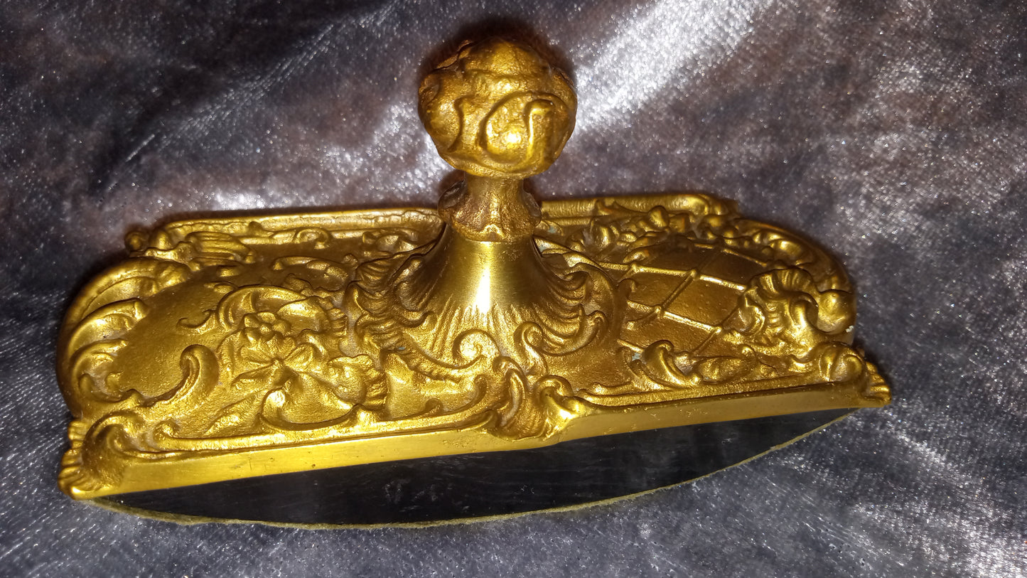 Antique Ornate Brass Ink Blotter Wooden Curved Bottom Highly Detailed