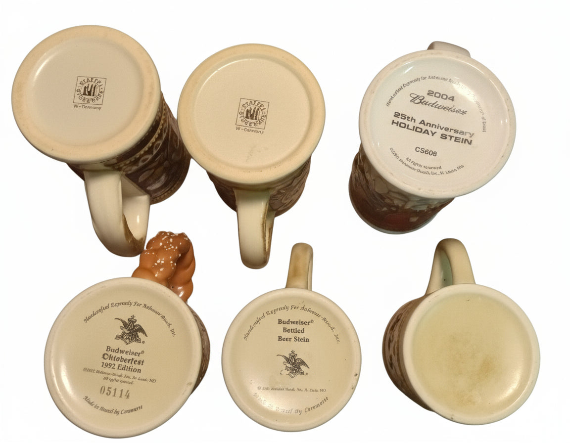 Lot of 6 Mint Budweiser Beer Steins (No Box) – 1992 Oktoberfest, 2004 Holiday Clydesdales, Vintage Ceramarte Collection