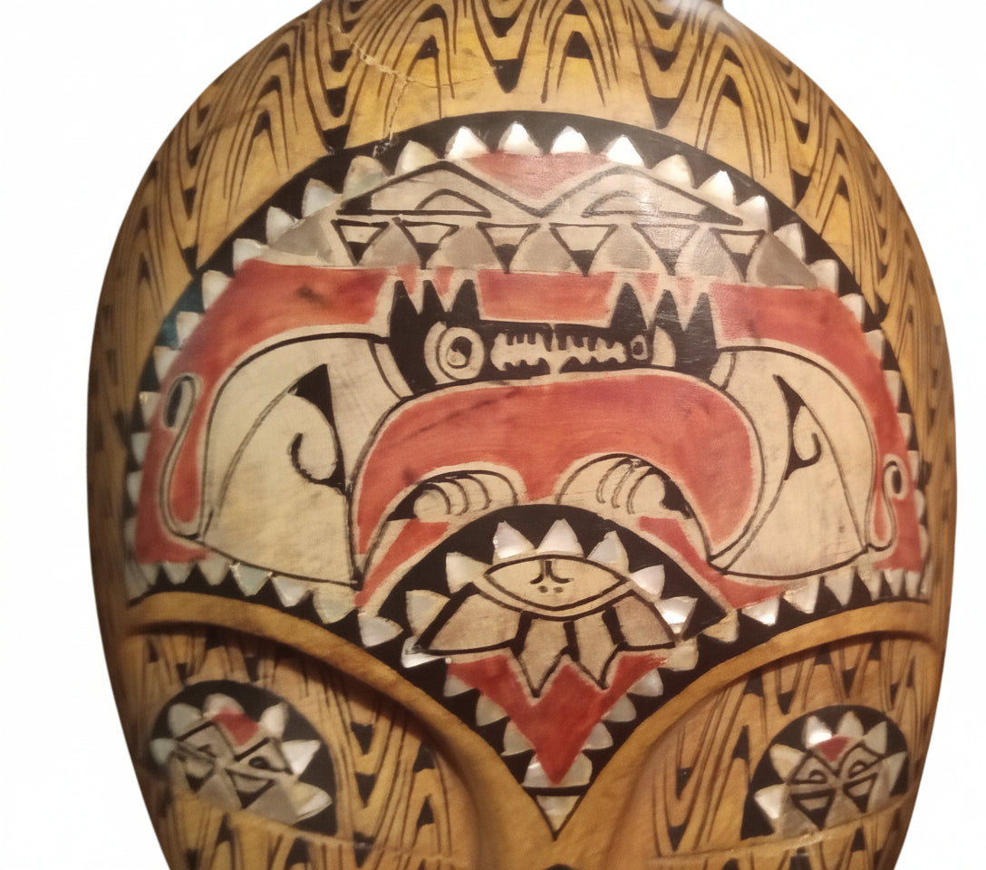 Hand Carved Tribal Mask | Abalone Shell Inlay | Polynesian Folk Art Decor (13" x 8")