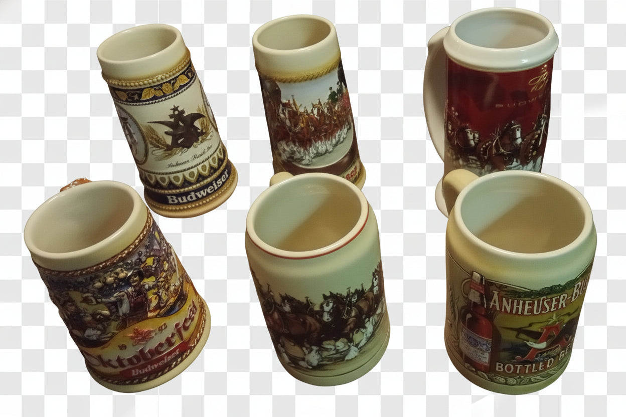 Lot of 6 Mint Budweiser Beer Steins (No Box) – 1992 Oktoberfest, 2004 Holiday Clydesdales, Vintage Ceramarte Collection