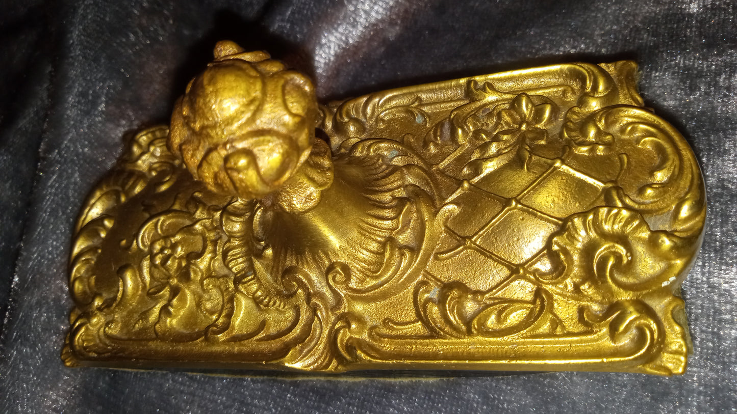 Antique Ornate Brass Ink Blotter Wooden Curved Bottom Highly Detailed