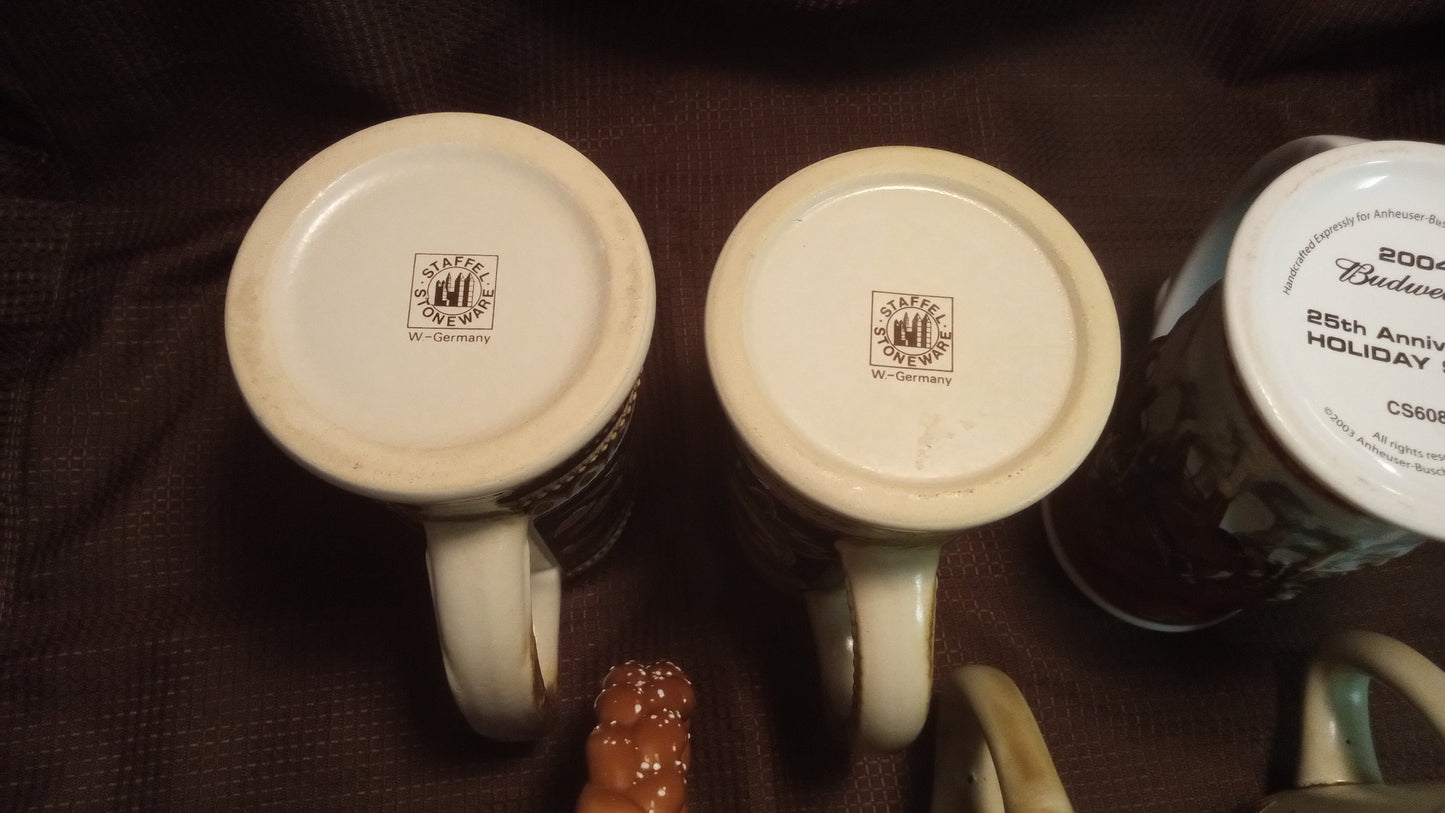 Lot of 6 Mint Budweiser Beer Steins (No Box) – 1992 Oktoberfest, 2004 Holiday Clydesdales, Vintage Ceramarte Collection