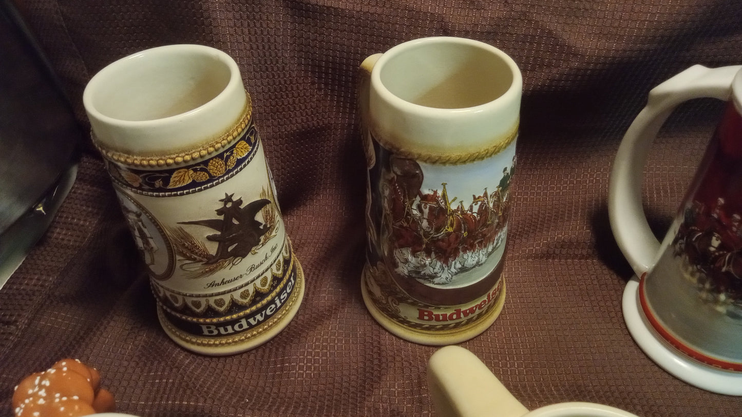 Lot of 6 Mint Budweiser Beer Steins (No Box) – 1992 Oktoberfest, 2004 Holiday Clydesdales, Vintage Ceramarte Collection