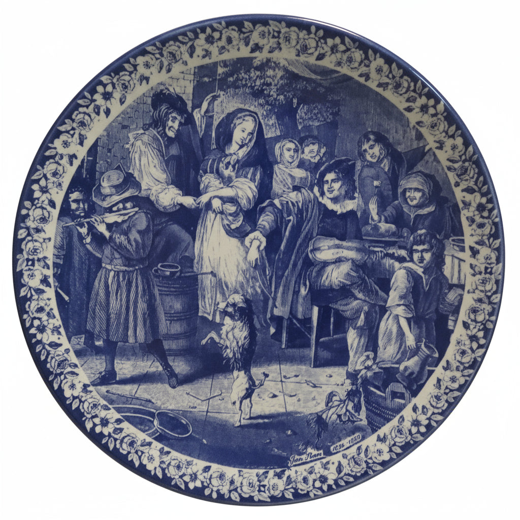 RARE Oversized 11.5" Delfts Blauw Charger Plate - Handpainted Dutch 'Merrymaking' Scene with Dancing Dog!