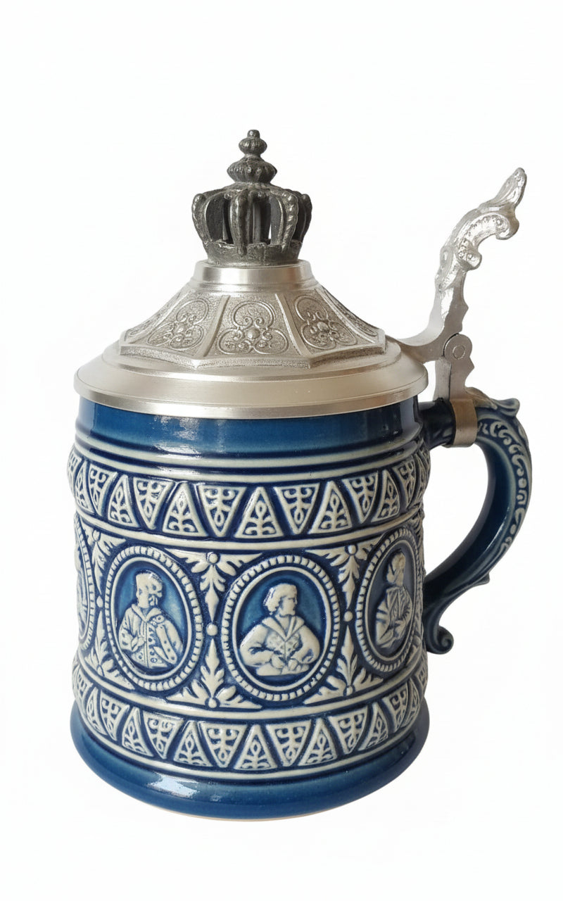MINT GERZ German Beer Stein | Pewter Crown Lid, Cobalt Blue Stoneware | 1999 W. Geck Receipt Included