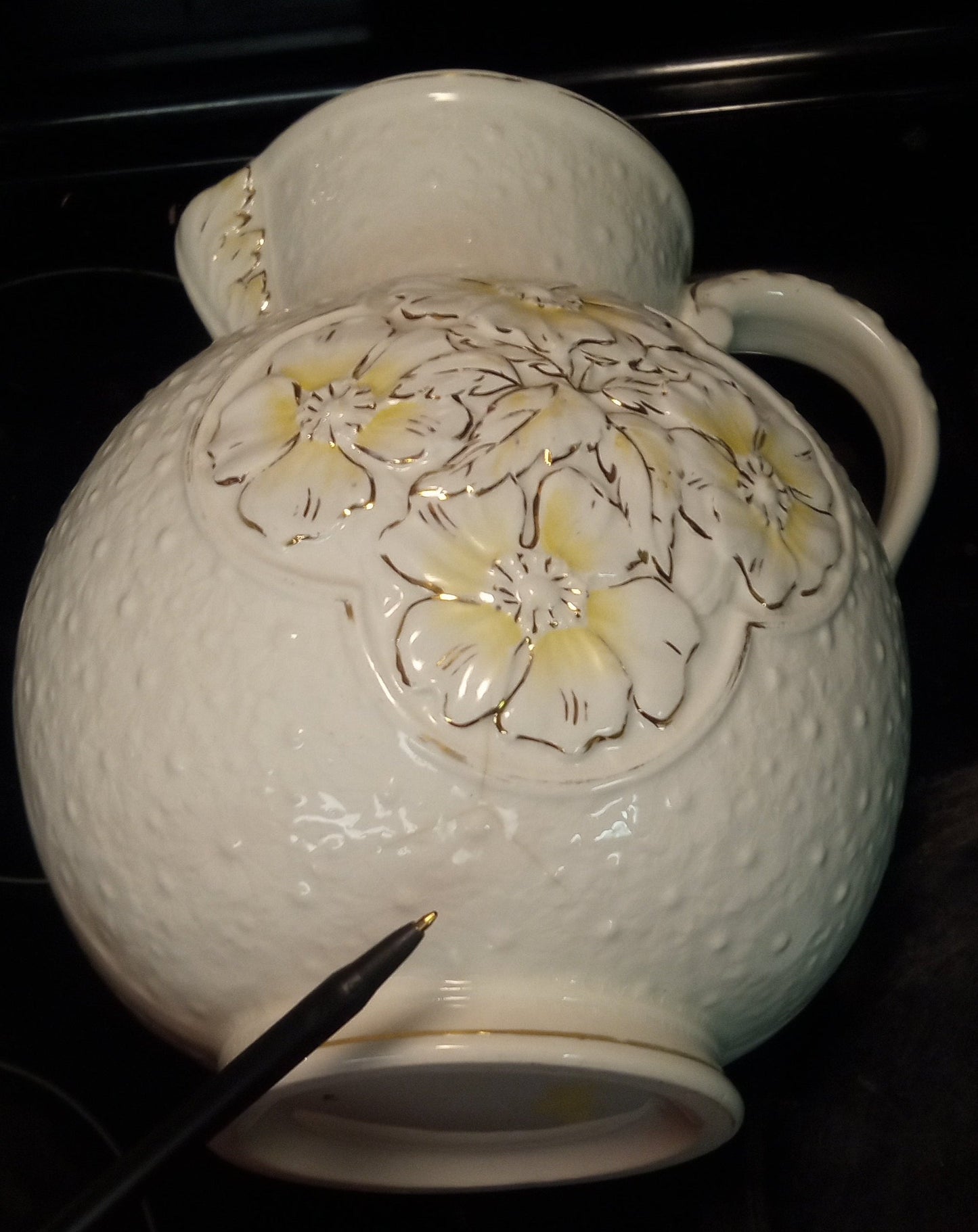Early 1900's Embossed Floral Wash Pitcher – White with Gold & Yellow Accents – Victorian Ironstone Style