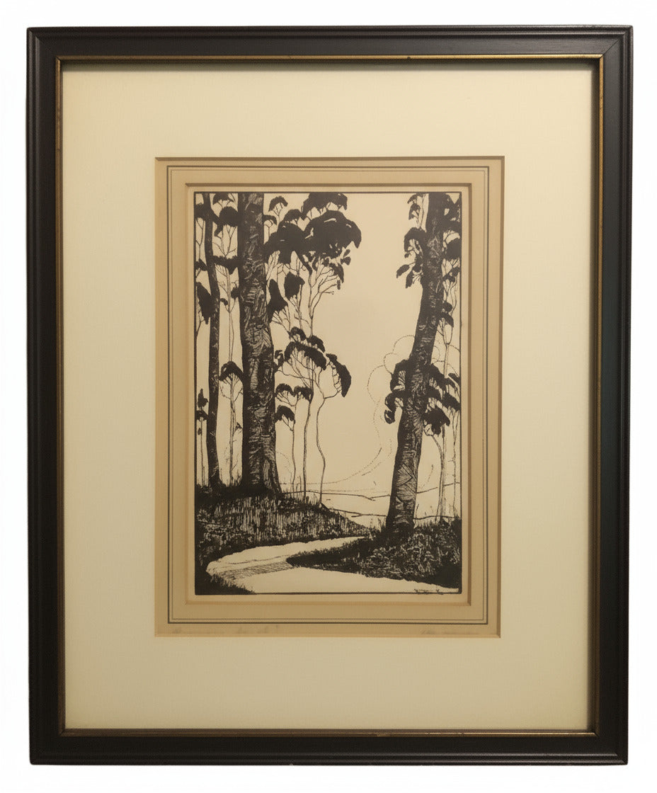 Summer Hill" (1987) – Signed Original Ink Drawing by Sprague – Framed Black & White Forest Art