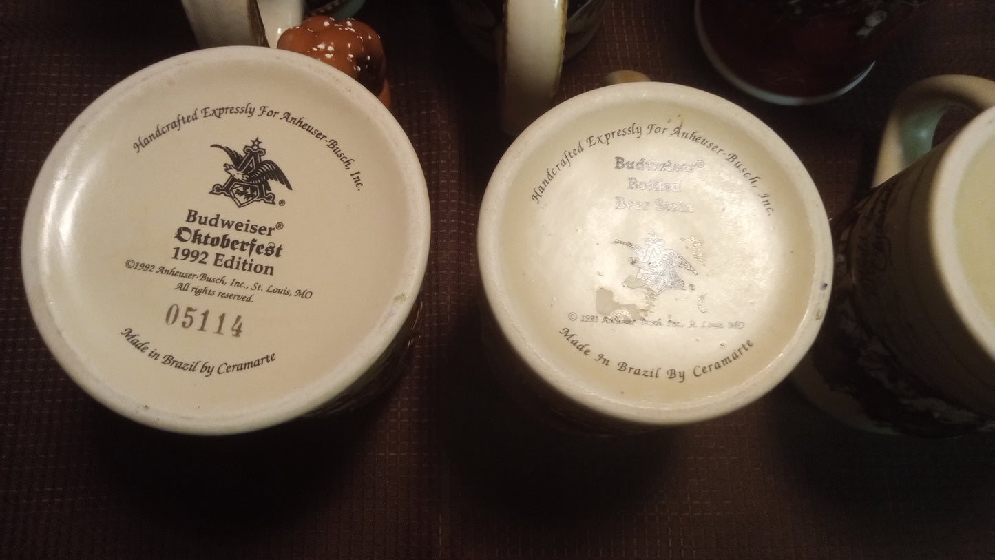Lot of 6 Mint Budweiser Beer Steins (No Box) – 1992 Oktoberfest, 2004 Holiday Clydesdales, Vintage Ceramarte Collection