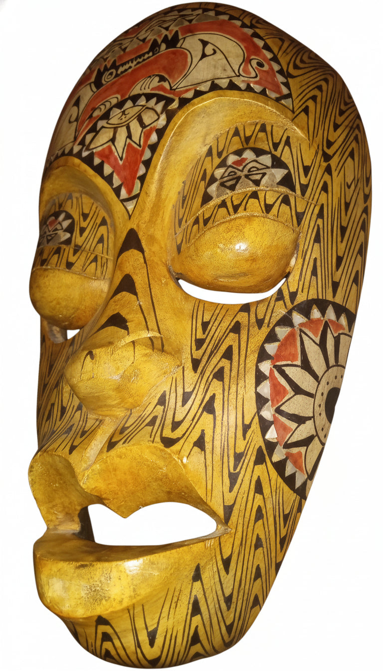Hand Carved Tribal Mask | Abalone Shell Inlay | Polynesian Folk Art Decor (13" x 8")