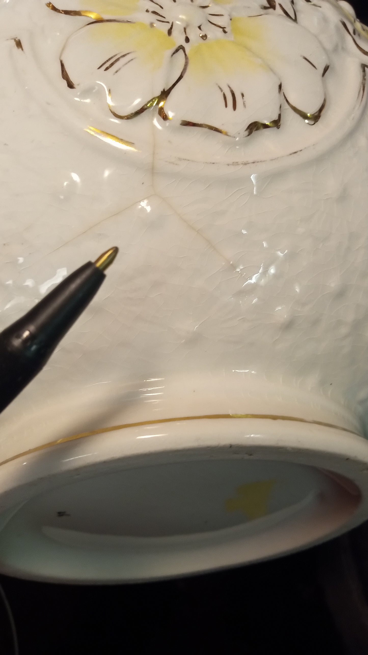 Early 1900's Embossed Floral Wash Pitcher – White with Gold & Yellow Accents – Victorian Ironstone Style