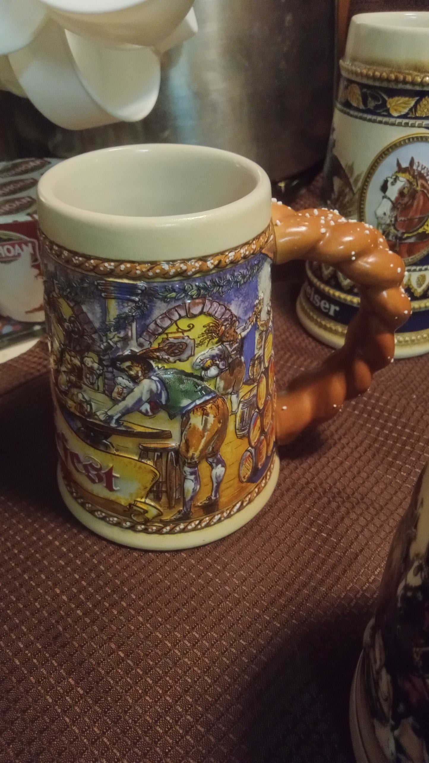 Lot of 6 Mint Budweiser Beer Steins (No Box) – 1992 Oktoberfest, 2004 Holiday Clydesdales, Vintage Ceramarte Collection