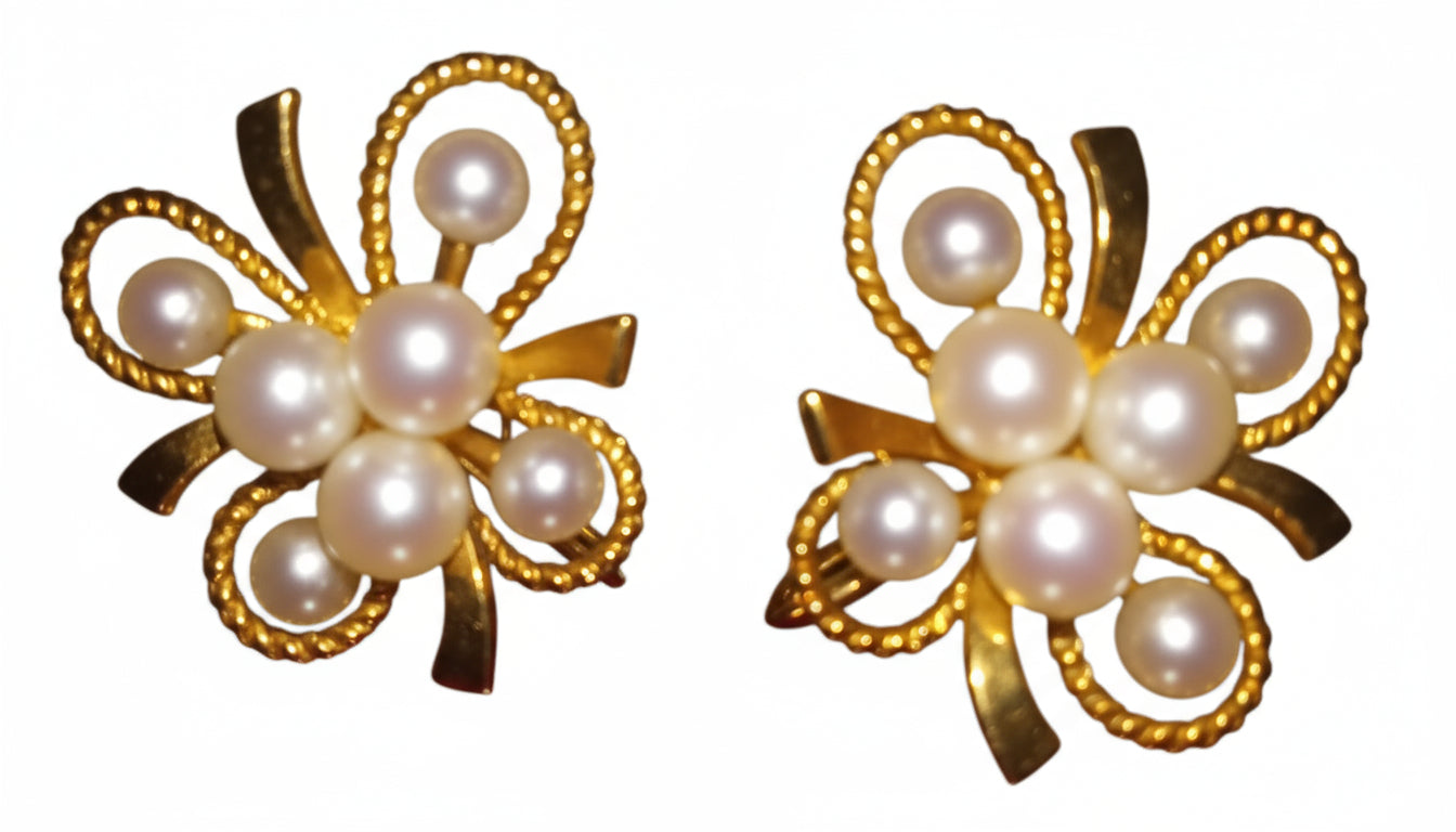RARE Vintage MIKIMOTO 14K Gold Cultured Pearl Brooch & Screw-Back Earring Set (20.5g)