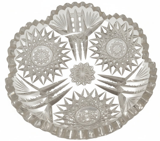 RARE MINT Condition ABP Cut Glass Nappy Bowl | Antique American Brilliant Hobstar & Fan | 100+ Year Old Lead Crystal Dish
