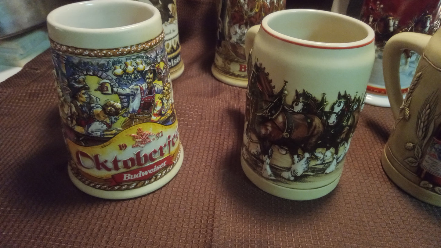Lot of 6 Mint Budweiser Beer Steins (No Box) – 1992 Oktoberfest, 2004 Holiday Clydesdales, Vintage Ceramarte Collection