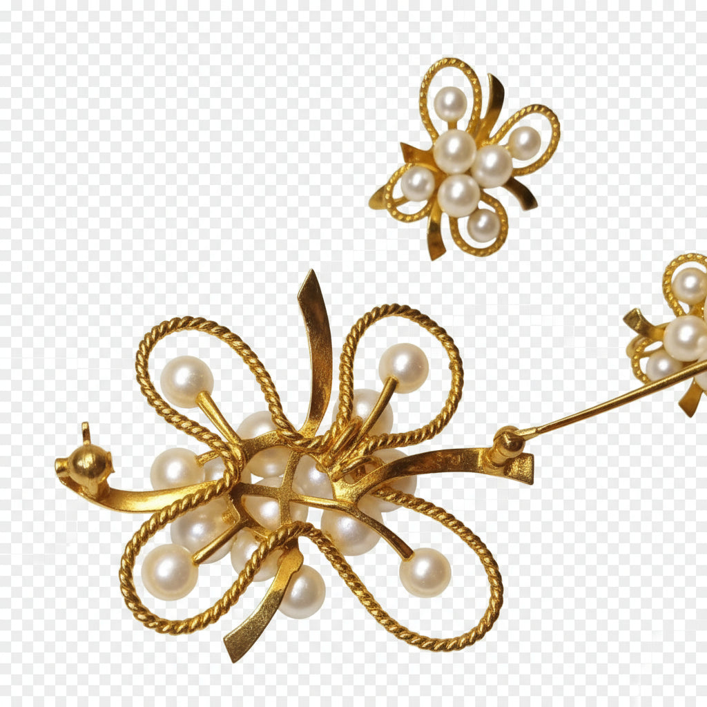 RARE Vintage MIKIMOTO 14K Gold Cultured Pearl Brooch & Screw-Back Earring Set (20.5g)