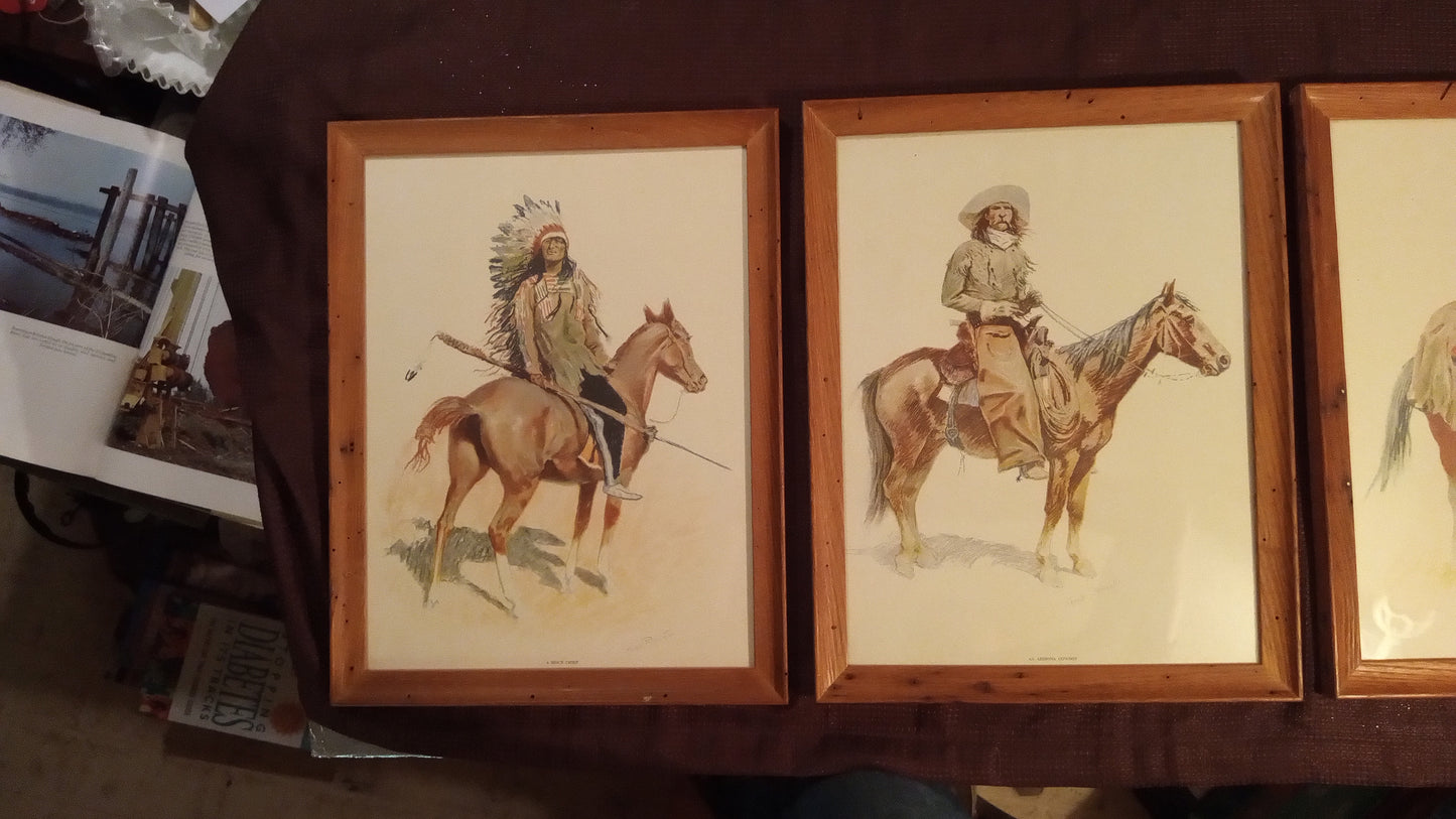 Complete Set of 3 FREDERIC REMINGTON Prints: A Sioux Chief, Arizona Cowboy, Old Ramon | Framed, Glass, Perfect Condition