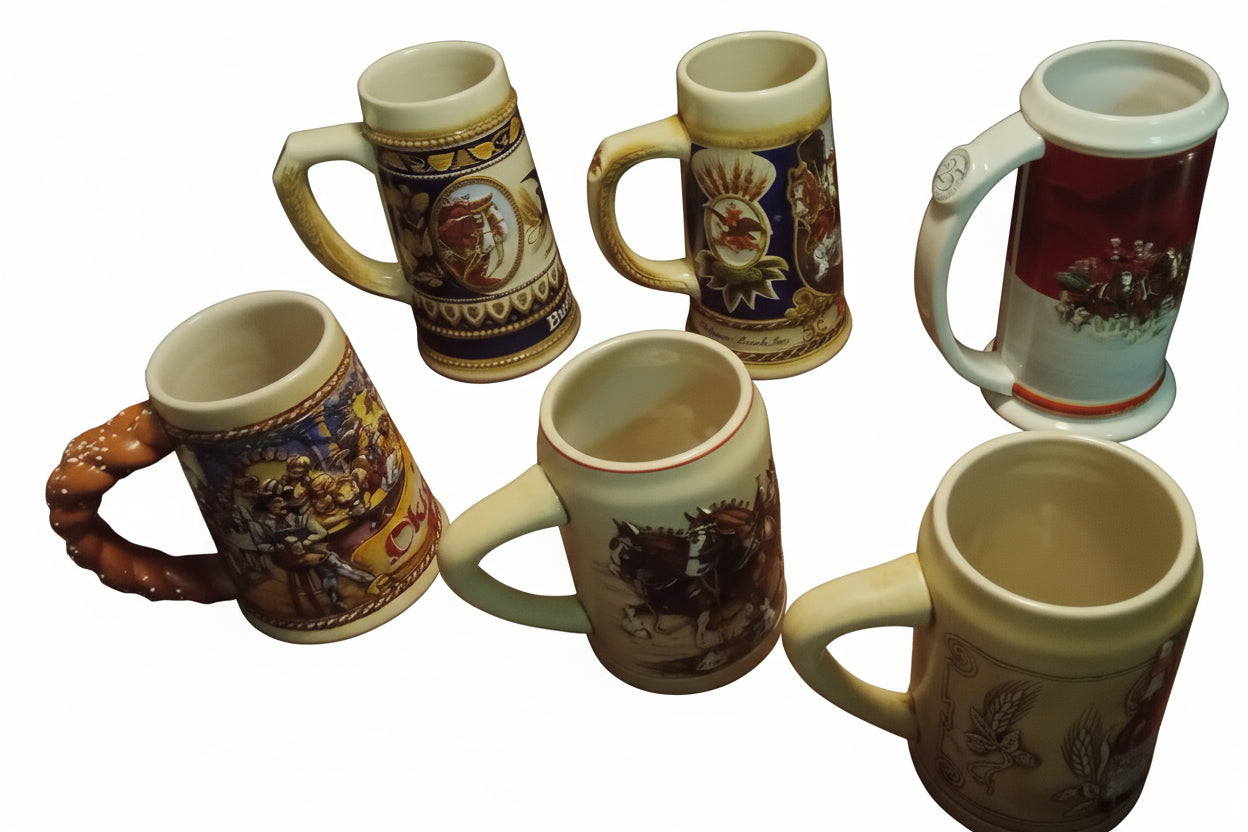Lot of 6 Mint Budweiser Beer Steins (No Box) – 1992 Oktoberfest, 2004 Holiday Clydesdales, Vintage Ceramarte Collection