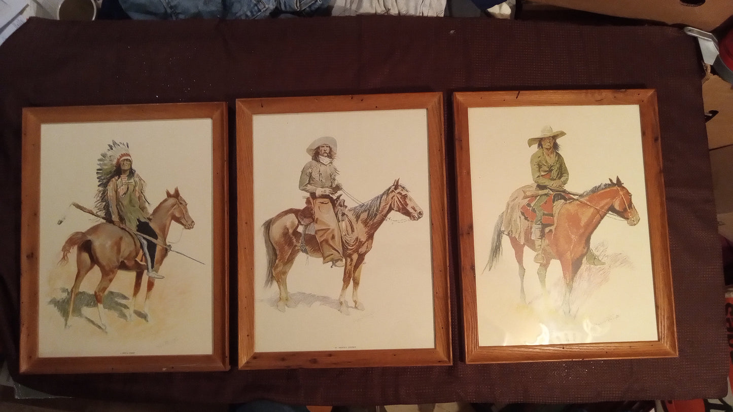 Complete Set of 3 FREDERIC REMINGTON Prints: A Sioux Chief, Arizona Cowboy, Old Ramon | Framed, Glass, Perfect Condition