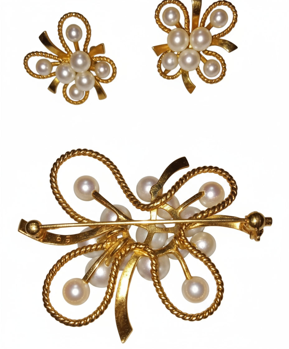 RARE Vintage MIKIMOTO 14K Gold Cultured Pearl Brooch & Screw-Back Earring Set (20.5g)