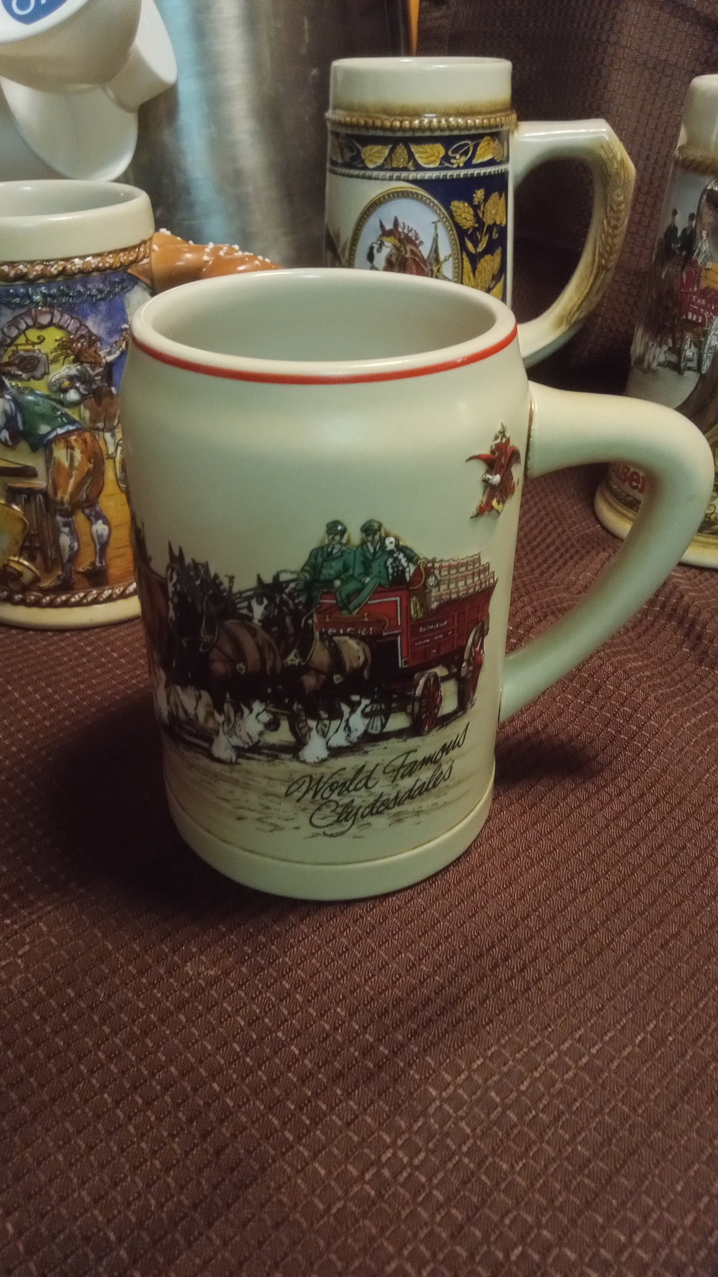 Lot of 6 Mint Budweiser Beer Steins (No Box) – 1992 Oktoberfest, 2004 Holiday Clydesdales, Vintage Ceramarte Collection