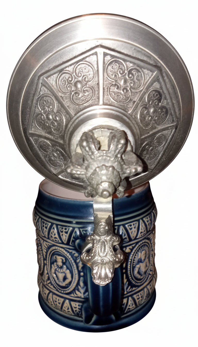 MINT GERZ German Beer Stein | Pewter Crown Lid, Cobalt Blue Stoneware | 1999 W. Geck Receipt Included