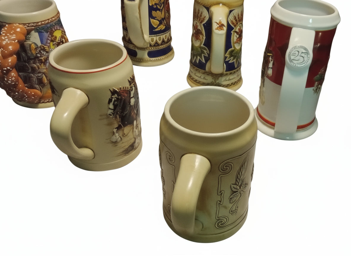Lot of 6 Mint Budweiser Beer Steins (No Box) – 1992 Oktoberfest, 2004 Holiday Clydesdales, Vintage Ceramarte Collection