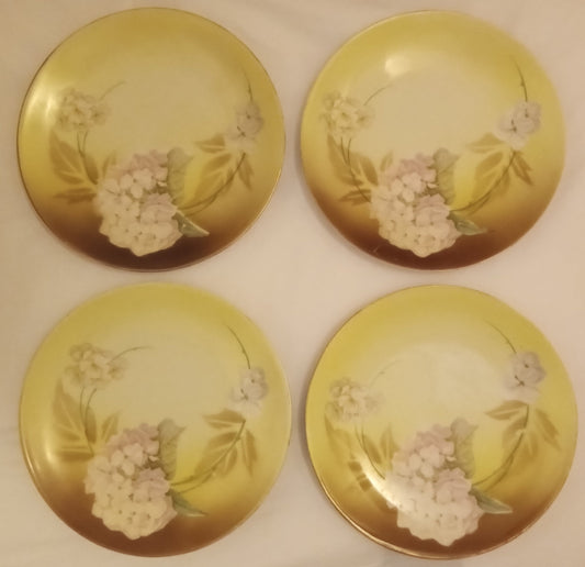 1890-1920 Hand-Painted Porcelain Dessert Plates Set of 4 | Pillowitz Silesia Hydrangea Ombre | Near Mint German/Victorian China 6.25"