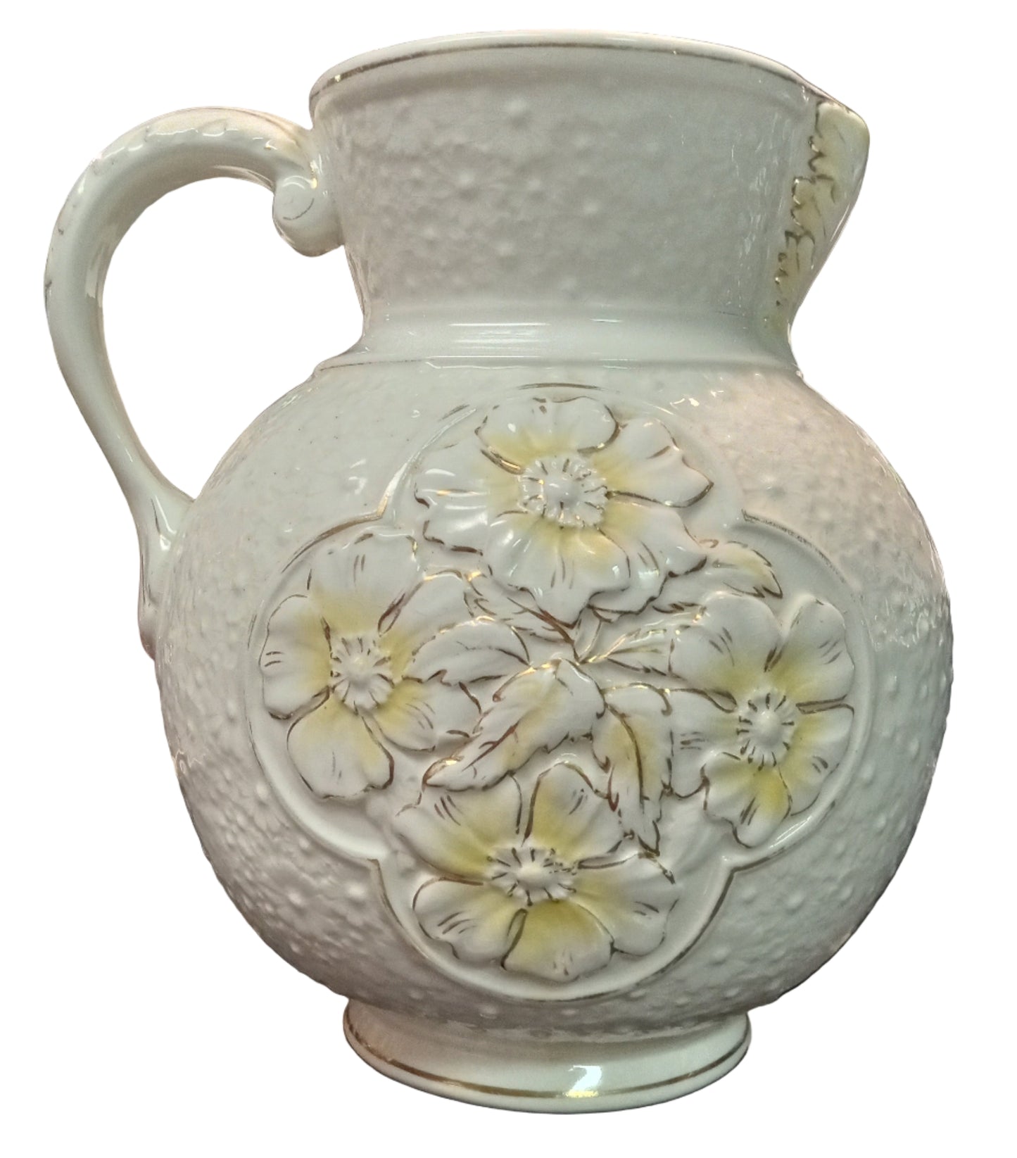 Early 1900's Embossed Floral Wash Pitcher – White with Gold & Yellow Accents – Victorian Ironstone Style