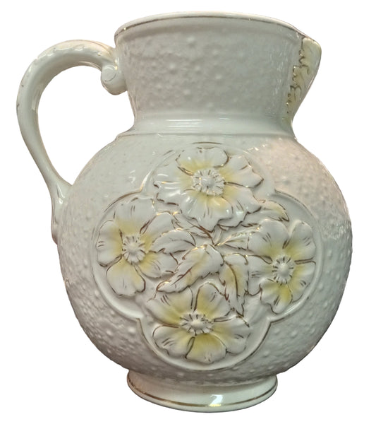Early 1900's Embossed Floral Wash Pitcher – White with Gold & Yellow Accents – Victorian Ironstone Style