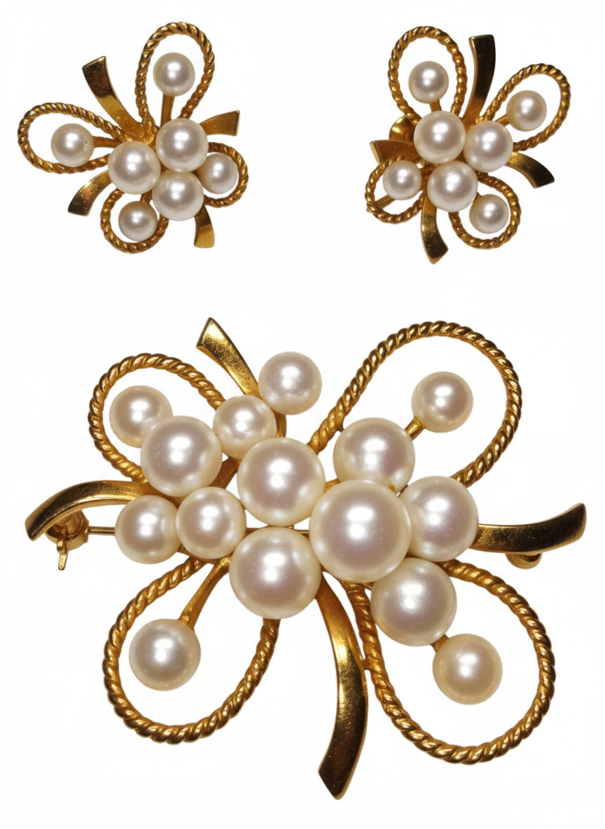 RARE Vintage MIKIMOTO 14K Gold Cultured Pearl Brooch & Screw-Back Earring Set (20.5g)
