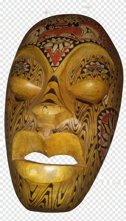 Hand Carved Tribal Mask | Abalone Shell Inlay | Polynesian Folk Art Decor (13" x 8")