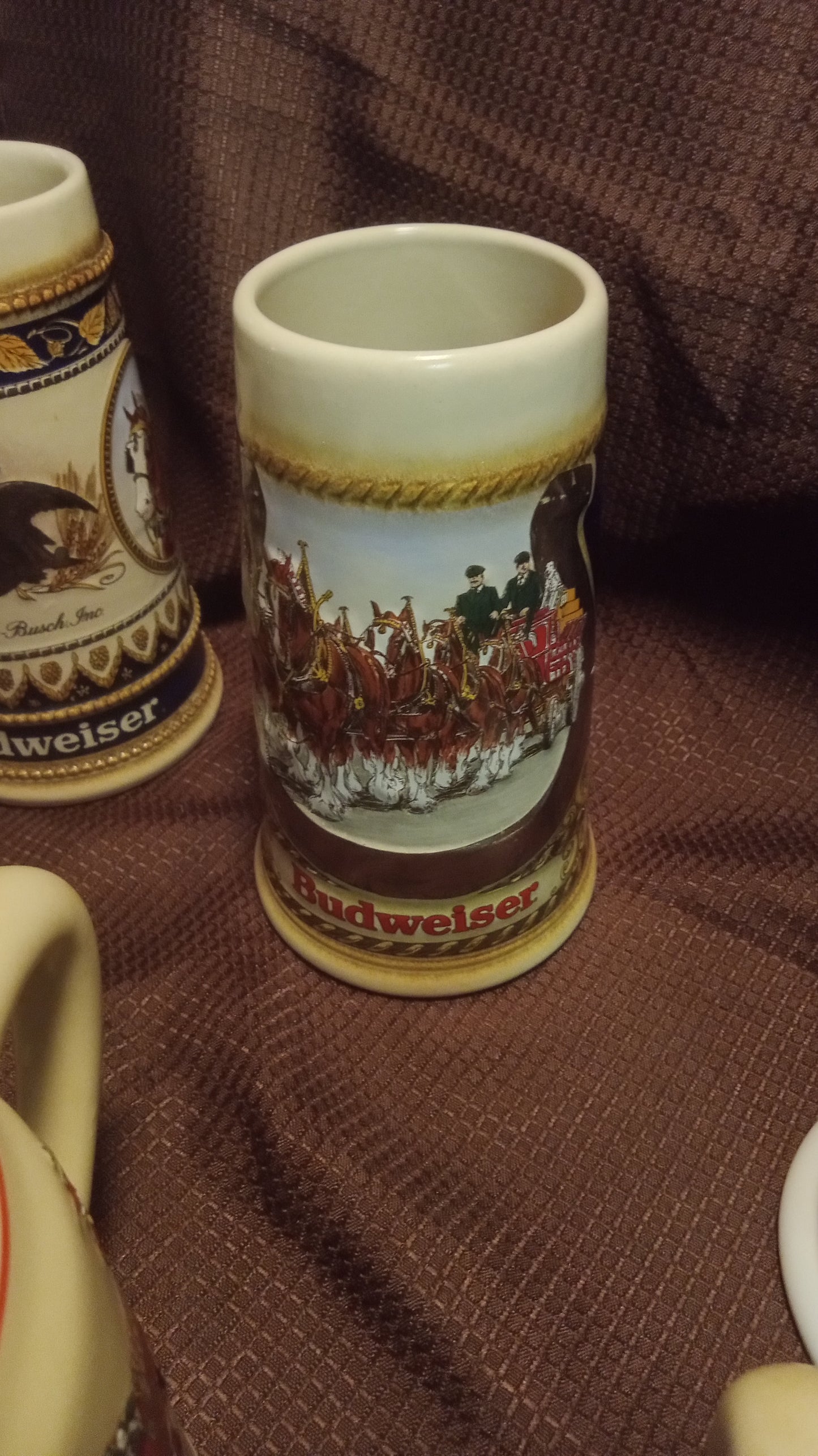 Lot of 6 Mint Budweiser Beer Steins (No Box) – 1992 Oktoberfest, 2004 Holiday Clydesdales, Vintage Ceramarte Collection