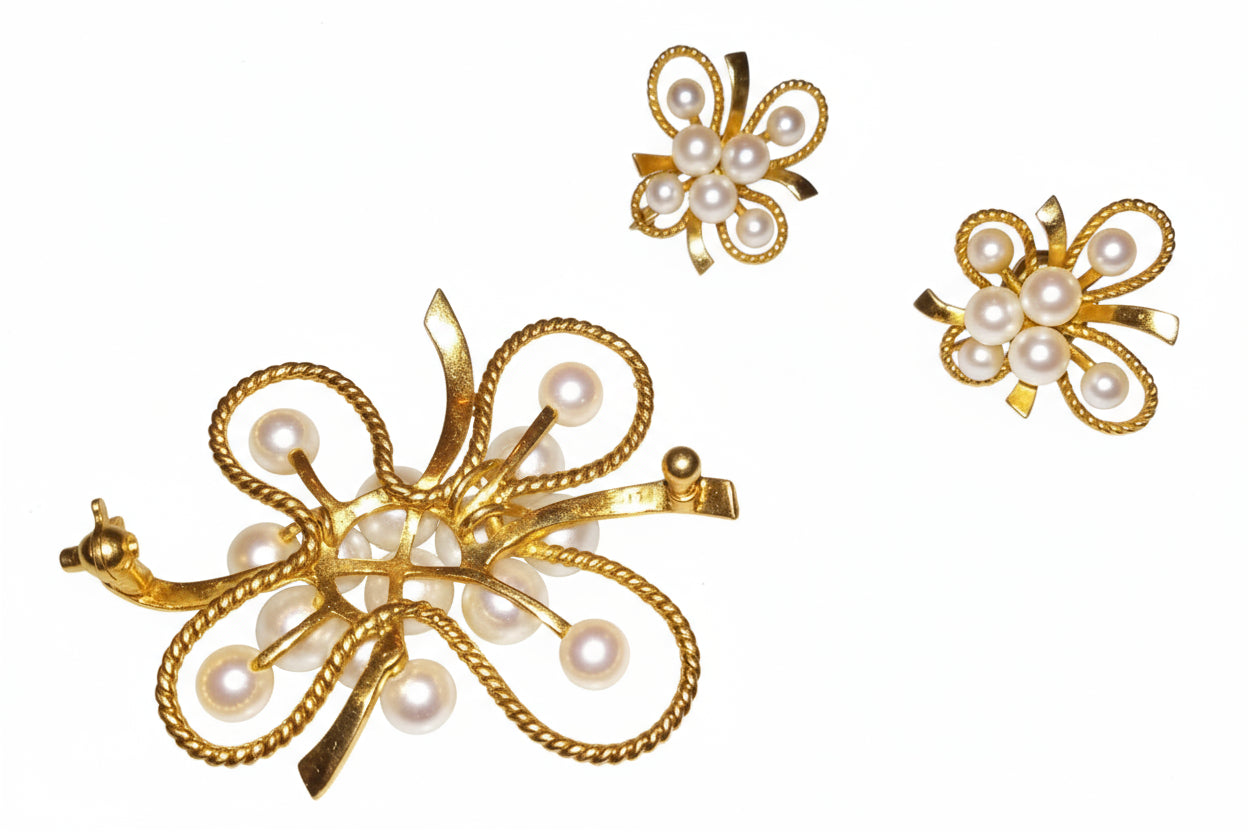 RARE Vintage MIKIMOTO 14K Gold Cultured Pearl Brooch & Screw-Back Earring Set (20.5g)