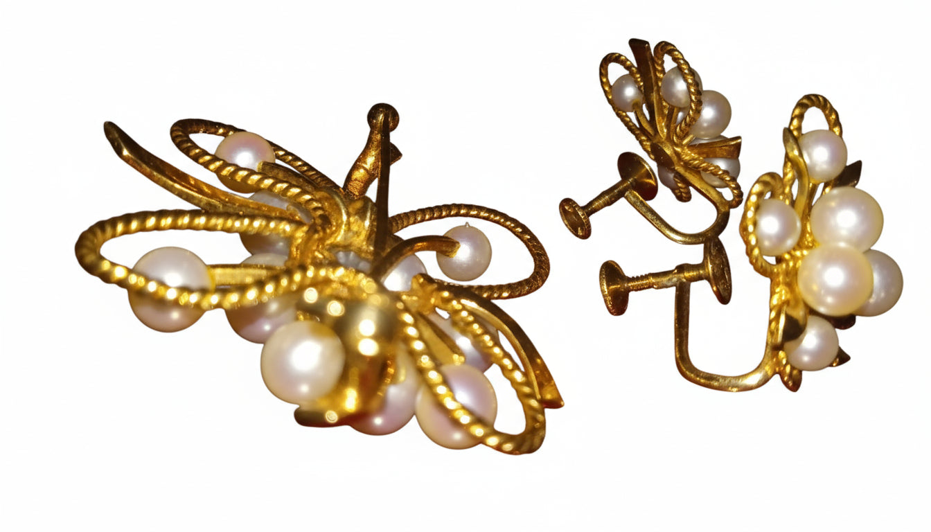 RARE Vintage MIKIMOTO 14K Gold Cultured Pearl Brooch & Screw-Back Earring Set (20.5g)