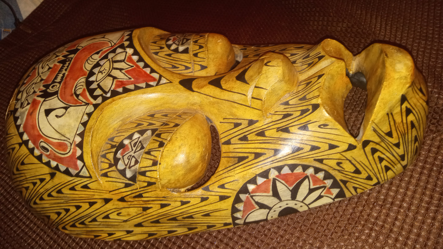 Hand Carved Tribal Mask | Abalone Shell Inlay | Polynesian Folk Art Decor (13" x 8")