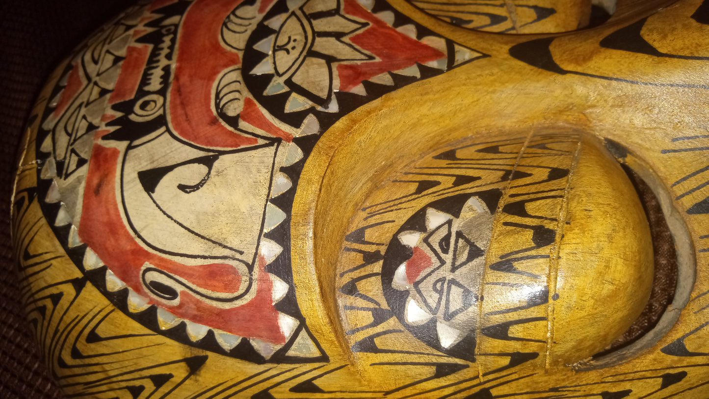 Hand Carved Tribal Mask | Abalone Shell Inlay | Polynesian Folk Art Decor (13" x 8")