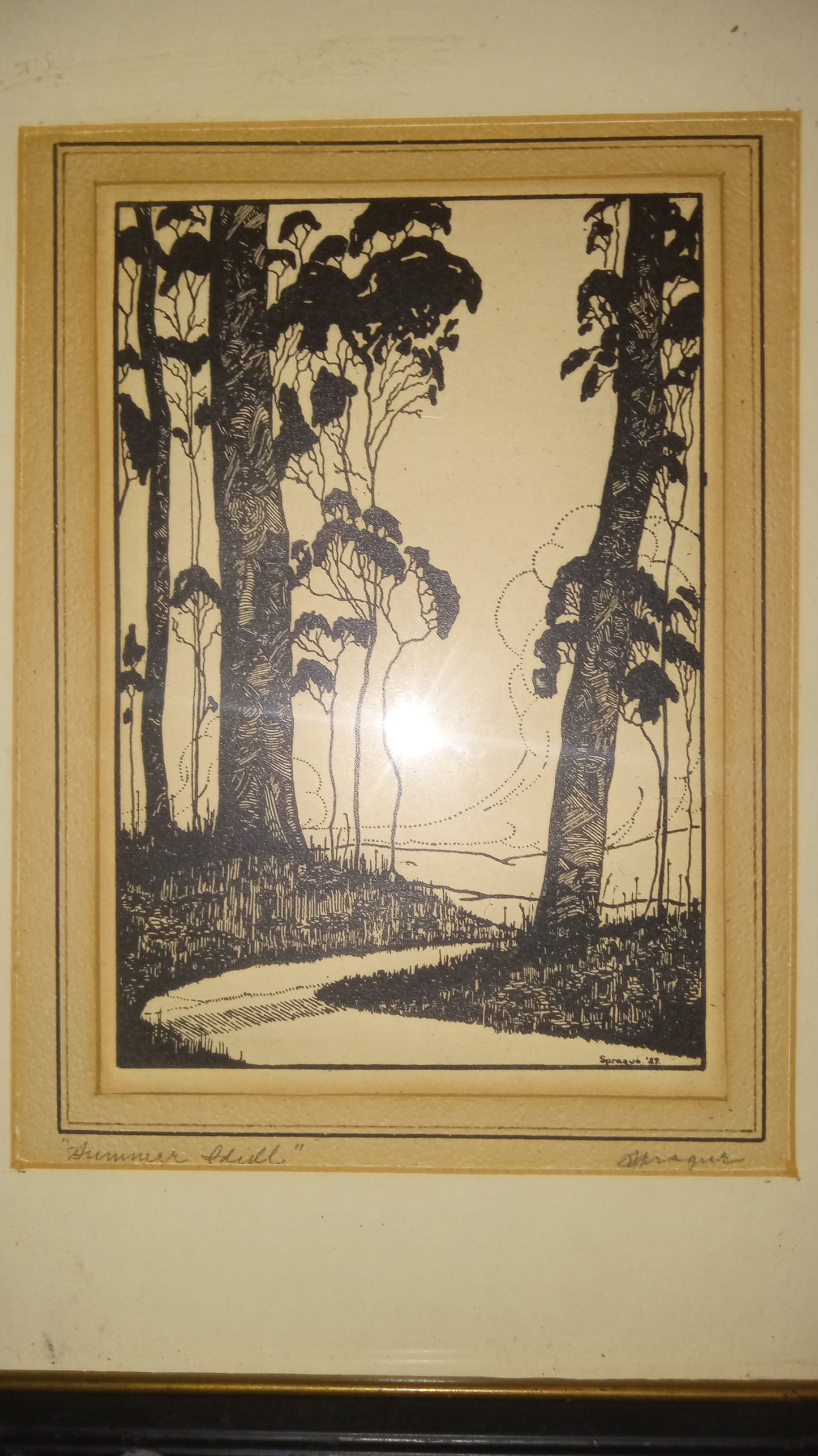 Summer Hill" (1987) – Signed Original Ink Drawing by Sprague – Framed Black & White Forest Art