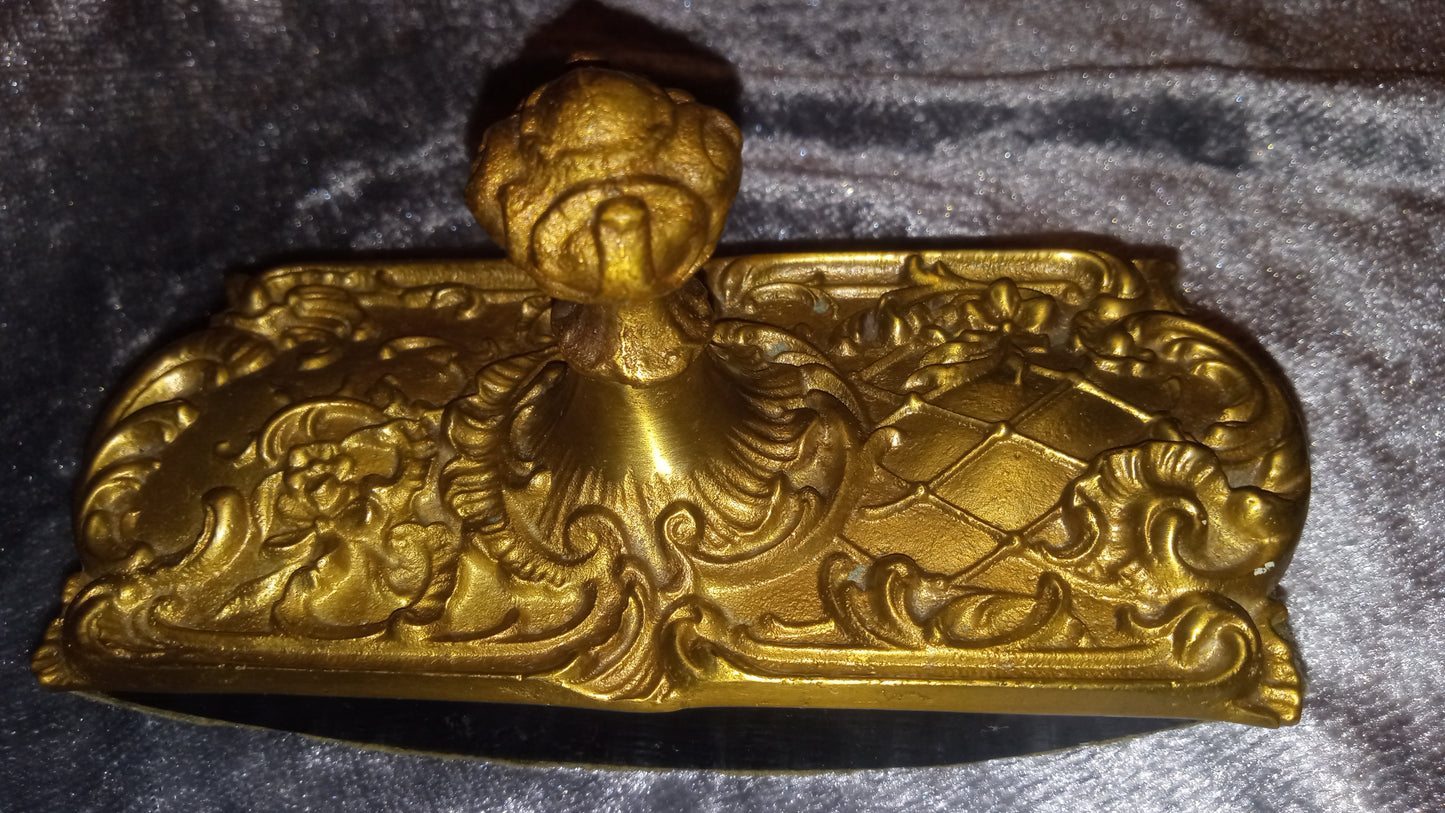 Antique Ornate Brass Ink Blotter Wooden Curved Bottom Highly Detailed