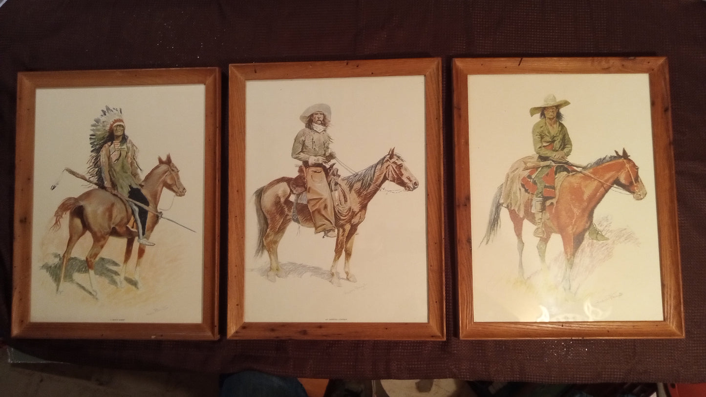 Complete Set of 3 FREDERIC REMINGTON Prints: A Sioux Chief, Arizona Cowboy, Old Ramon | Framed, Glass, Perfect Condition