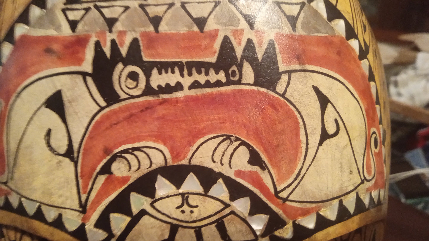 Hand Carved Tribal Mask | Abalone Shell Inlay | Polynesian Folk Art Decor (13" x 8")