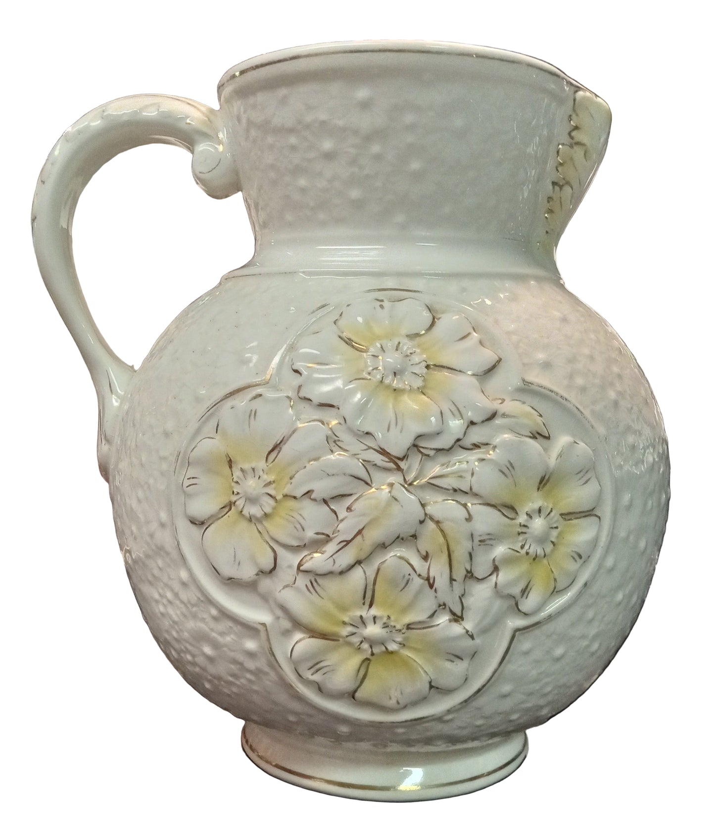 Early 1900's Embossed Floral Wash Pitcher – White with Gold & Yellow Accents – Victorian Ironstone Style