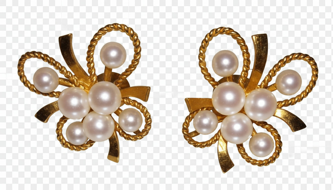 RARE Vintage MIKIMOTO 14K Gold Cultured Pearl Brooch & Screw-Back Earring Set (20.5g)