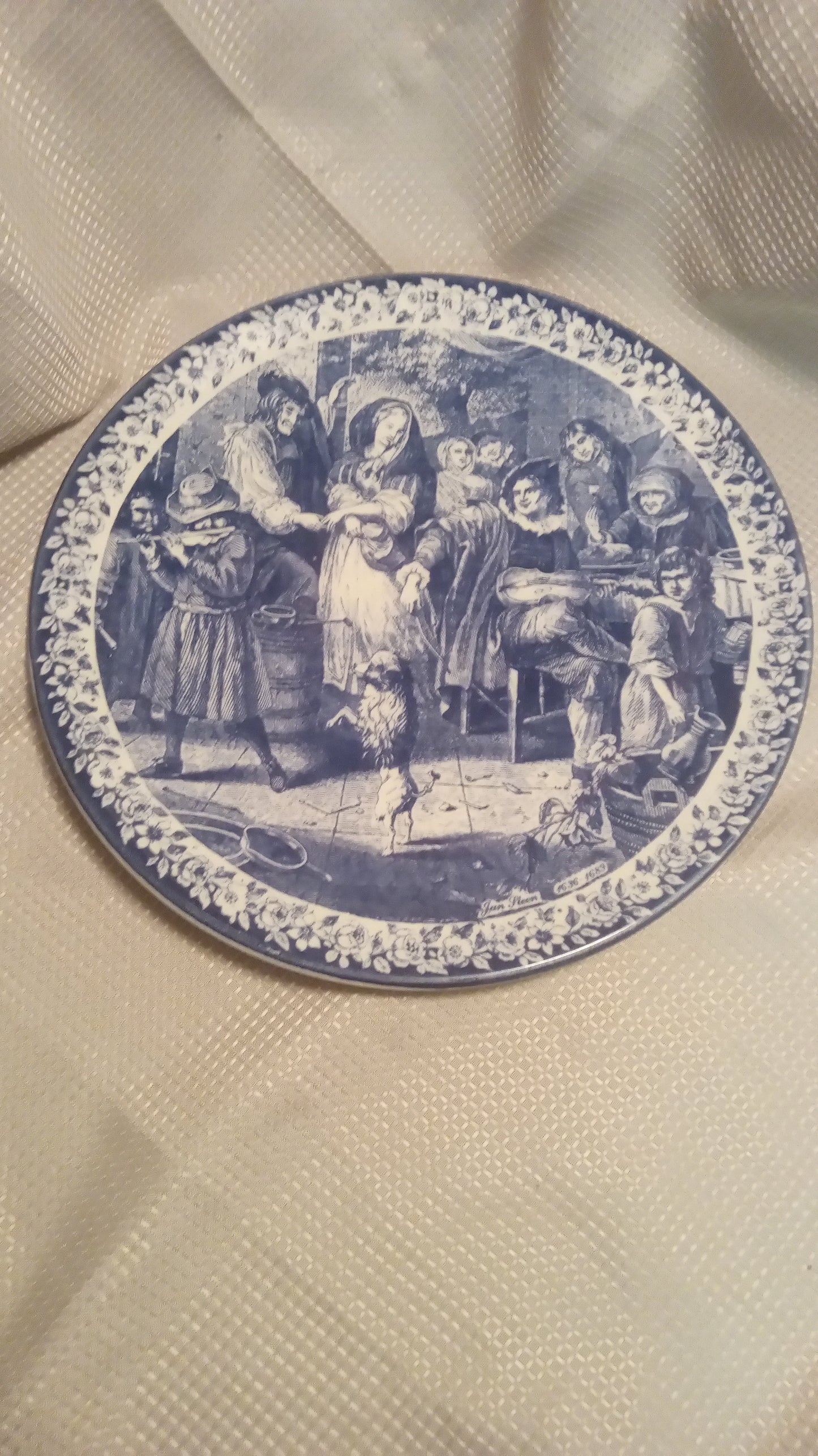 RARE Oversized 11.5" Delfts Blauw Charger Plate - Handpainted Dutch 'Merrymaking' Scene with Dancing Dog!