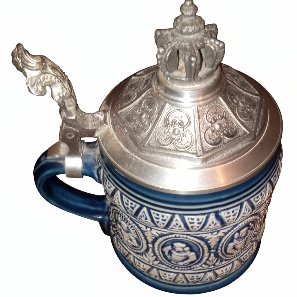 MINT GERZ German Beer Stein | Pewter Crown Lid, Cobalt Blue Stoneware | 1999 W. Geck Receipt Included
