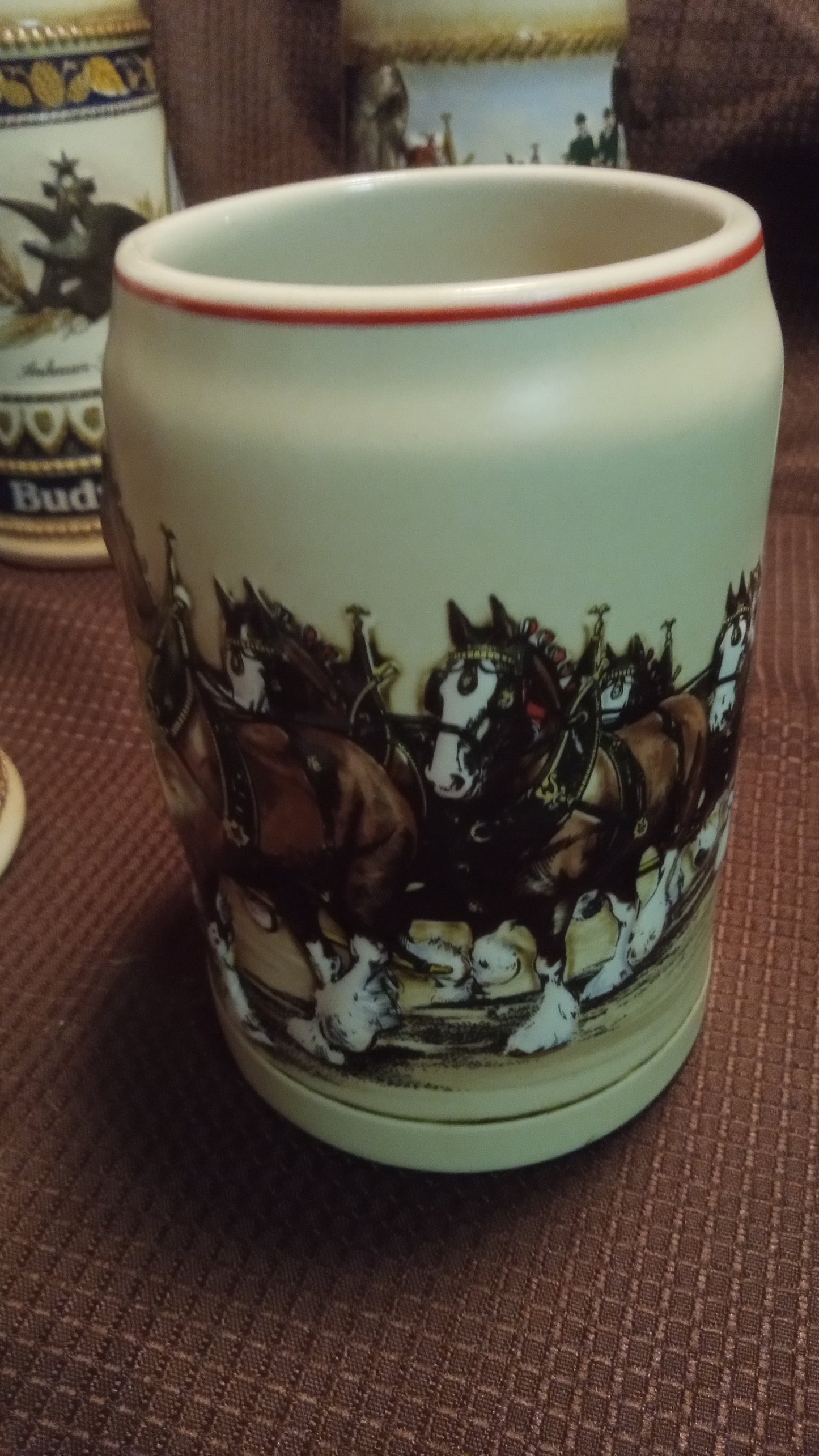 Lot of 6 Mint Budweiser Beer Steins (No Box) – 1992 Oktoberfest, 2004 Holiday Clydesdales, Vintage Ceramarte Collection